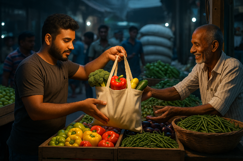 A customer buying fresh vegetables from a vendor at a market.